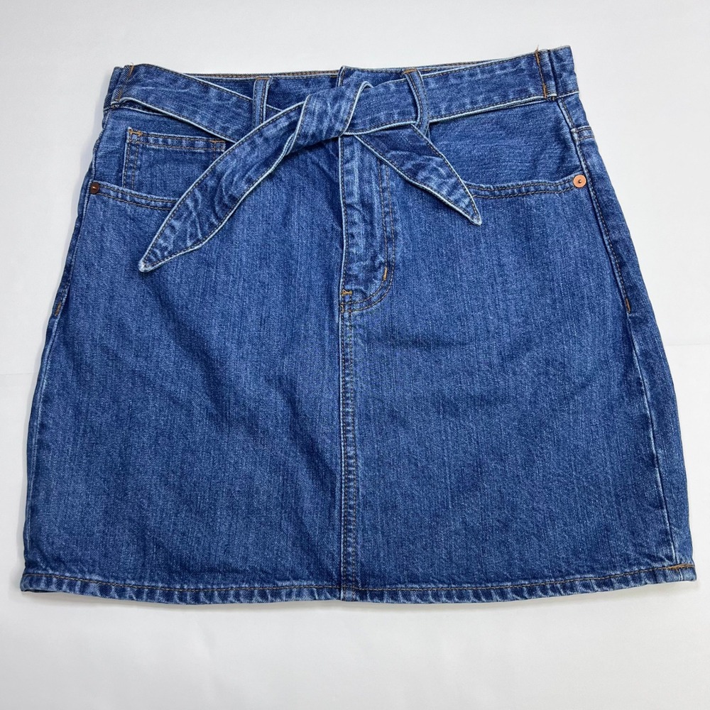 Madewell Rigid Denim Straight Mini Skirt 26 Blue Tie Waist Medium Wash